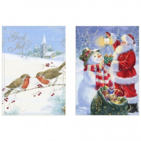 Julekort doble med konvolutt 6 pk. Nisse og snømann/fugl (Innerkartong 12stk)