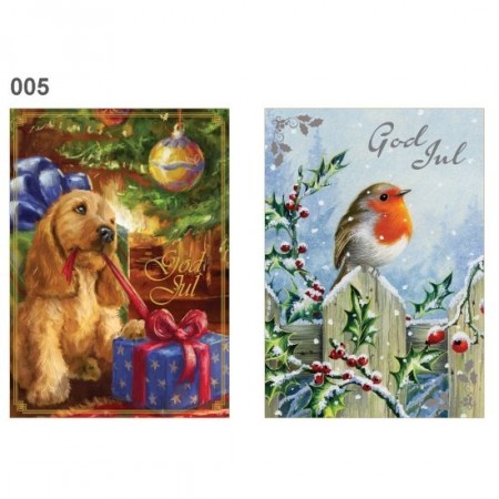 Julekort doble med konvolutt 6 pk. Hund/fugl (Innerkartong 12stk)